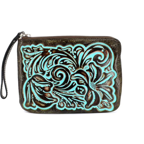 A5 NWoT PATRICIA NASH Cassini Turquoise Tooled Leather Logo Wristlet Clutch Bag - Picture 1 of 4